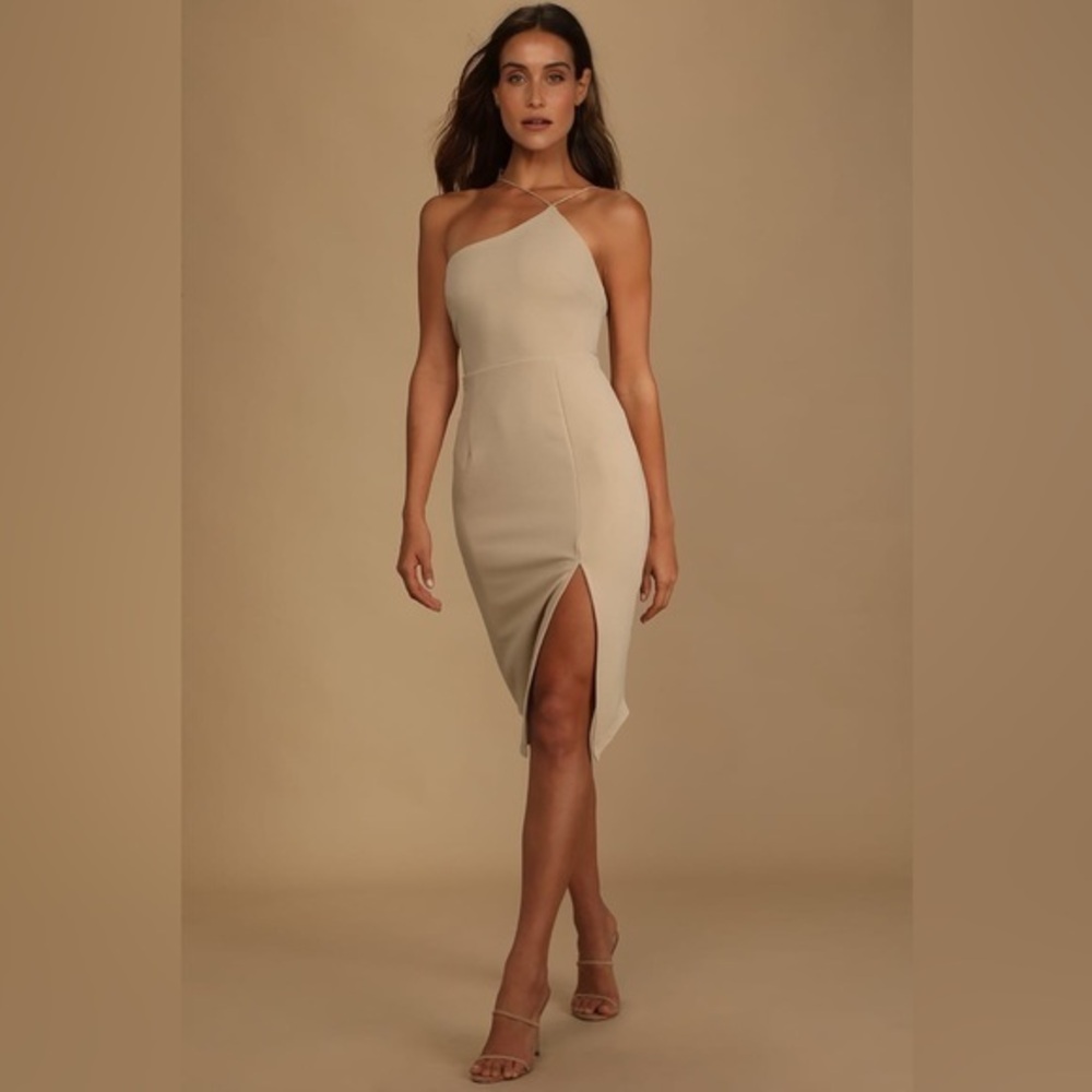 Lulu’s Happiest Hour Beige Asymmetrical Bodycon Midi Dress Medium M WW9